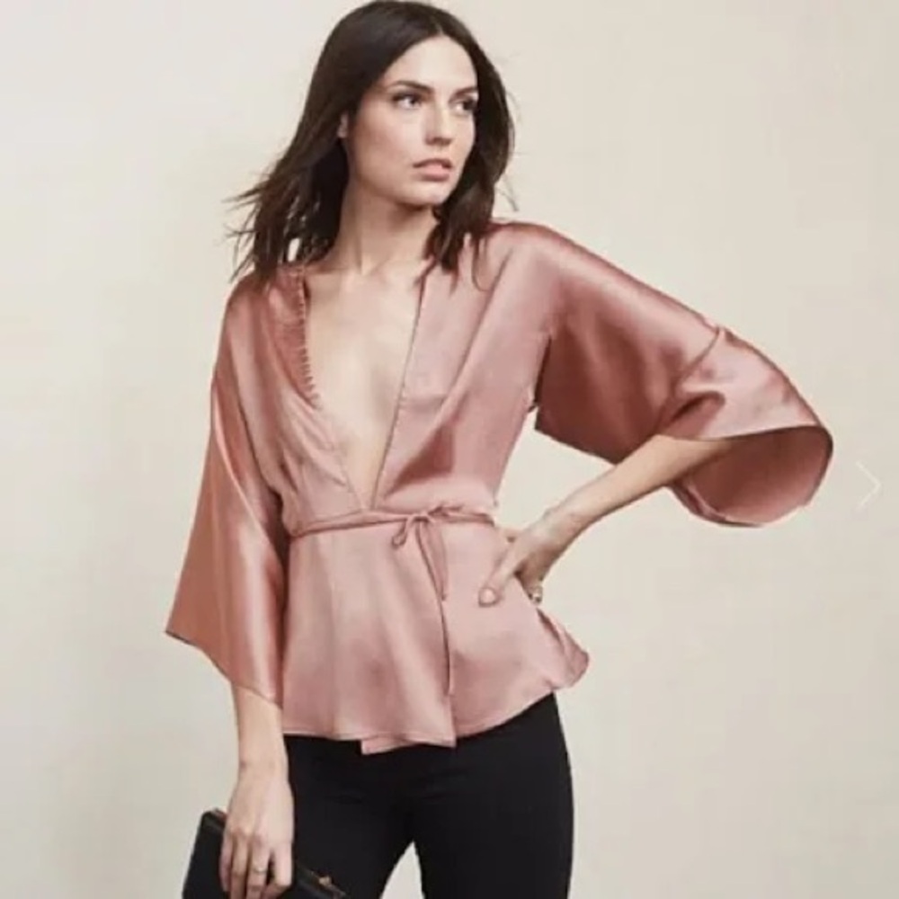 Reformation Mauve Rose Gold Silk Wrap Top